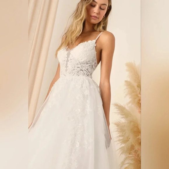 Lulus Height of Love White Embroidered Beaded Backless A-Line Gown Wedding - Picture 4 of 14